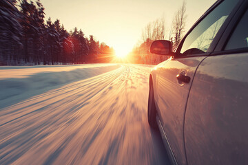 Obraz premium Car driving on a snowy winter road at sunset, winter landscape, cold weather conditions, transportation and travel concept