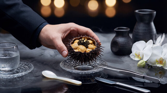 Sea Urchin Shell Serving with Caviar Crown and Gold Dust Under Crisp Spotlight and Cold Fog.