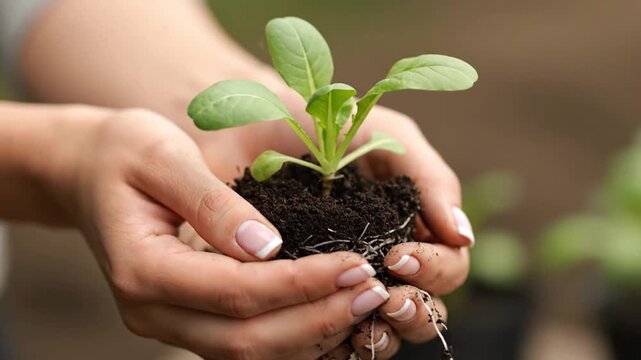 Close‑up of two hands gently holding a small green plant with soil around its roots in an outdoor garden setting, symbolizing growth, nurturing, sustainability, and environmental care.