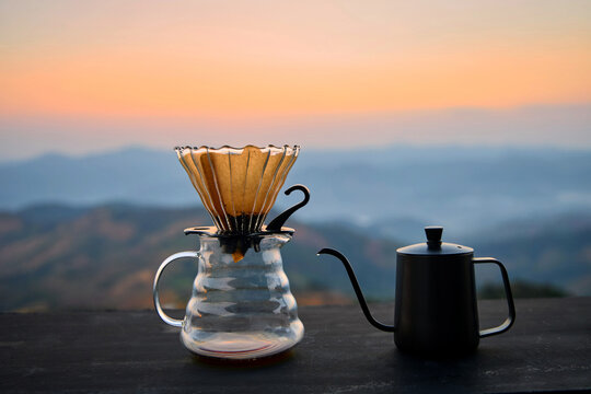 Morning Pour-Over Coffee with a Mountain Sunrise View