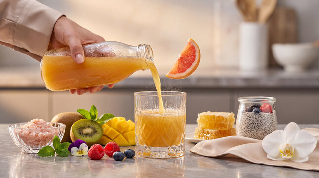 Cold-Pressed Juice Pour with Microbubble Glow, Gemstone Fruit, and High-Polish Modern Countertop Luxury.