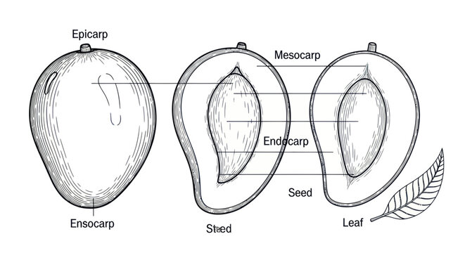 Mango Fruit Anatomy Diagram: Epicarp, Mesocarp, Endocarp, Seed, Leaf