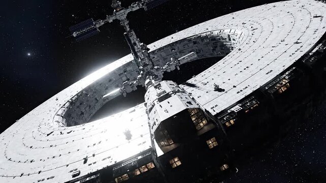 Majestic rotating ring-shaped space station orbits through deep cosmos, radiating advanced futuristic technology and the ambition of interstellar travel.