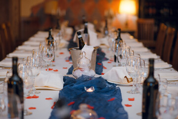 Elegant long dining table set for a romantic celebration