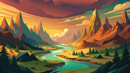 Vibrant sunrise over a mystical mountain valley with flowing river © CreativeKamrul