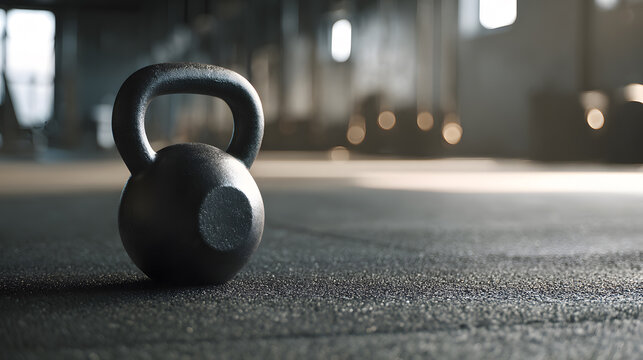 Black kettlebell is sitting on the floor