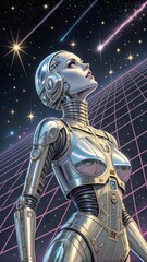 Illustration of a female android in metallic armor against a starry space backdrop.