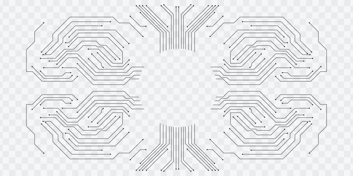 Symmetric PCB circuit line set isolated on transparent background for technology design
