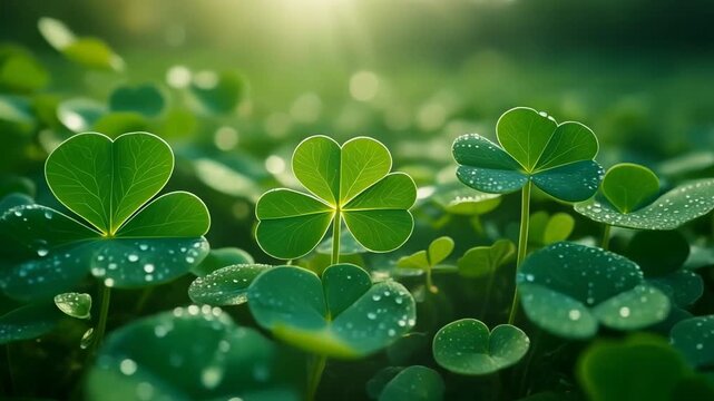 Close up of fresh green clover leaves with water drops in morning sunlight nature background