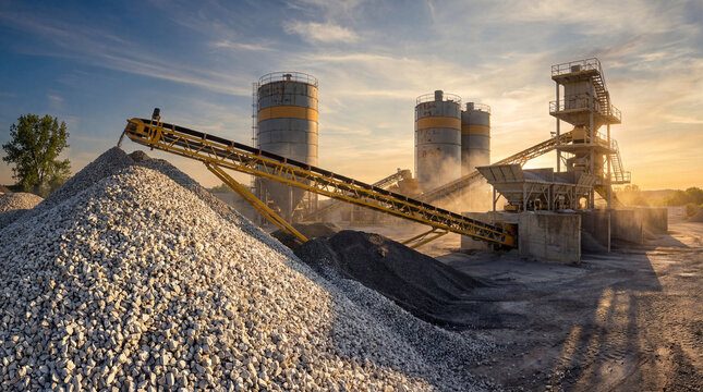 Golden hour at a gravel crushing plant with large aggregate piles, conveyor belts, and silos