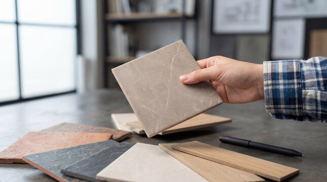 Hand selecting modern tile and wood samples for home renovation and interior design projects