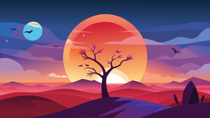 A lone tree stands witness to a vibrant sunset over a tranquil mountainous landscape © CreativeKamrul