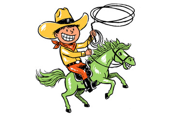 Fototapeta premium Cowboy kid riding a wild horse cartoon artwork. Happy child smiling illustration. Retro comic style graphic print design. Western rodeo concept design
