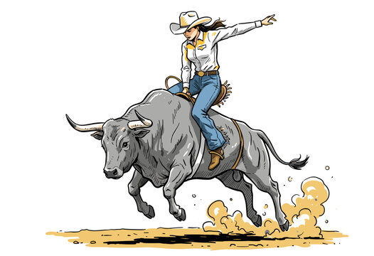 Cowgirl bull riding vector illustration design. Rodeo champion artwork for t-shirt and apparel. Bull riding extreme sport graphic print. Wild west act