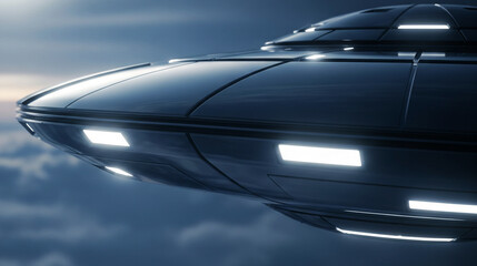 Fototapeta premium Sleek Futuristic UFO Flying Close Up Through Storm Clouds