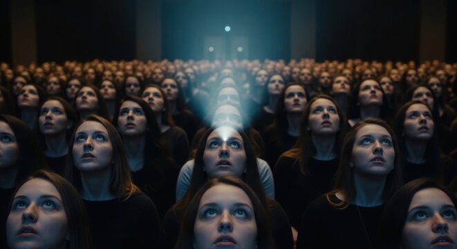 Crowd of identical women looking up at central spotlight