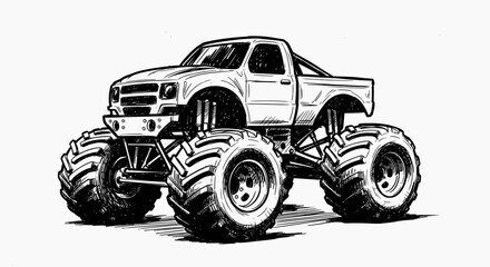Monster Truck Drawing, Off-Road Vehicle, Big Wheels, Rugged Design © happy