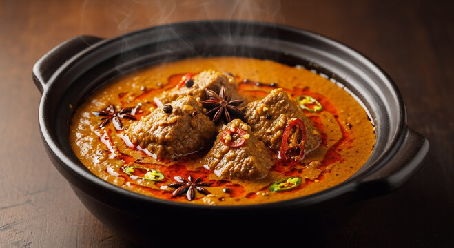 Tender beef chunks in thick orange-brown coconut curry sauce with visible oil and spices in a rustic clay pot. Cinematic and photorealistic