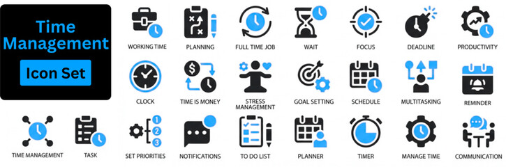 Time Management solid icon set contain checklist, schedule, workflow, to do list, calendar, schedule symbols.