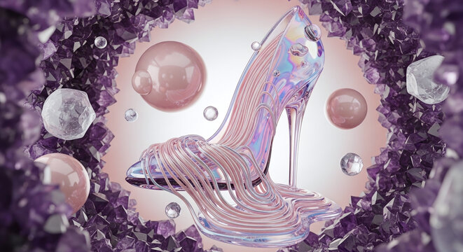 Luxury fantasy glass slipper dissolving in purple amethyst crystal cave