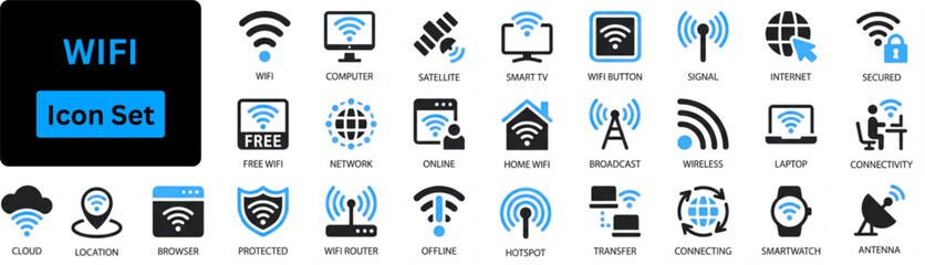 WIFI solid icon set contain Wifi, online, signal, wireless, connect, hotspot, offline, wifi router, computer, radio, antenna, internet and more