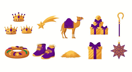 Obraz premium Collection of flat illustrated items related to the Epiphany and Mardi Gras celebrations