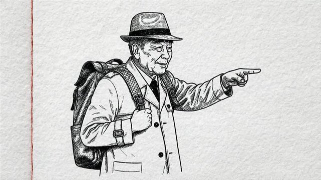 Senior man traveler with hat and backpack pointing direction drawing