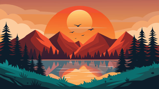 Serene sunset over mountain lake with silhouetted birds