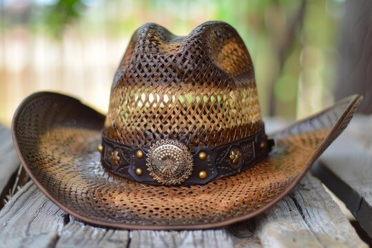 Brown and tan cowboy hat with a concho hatband is sitting on rustic wood