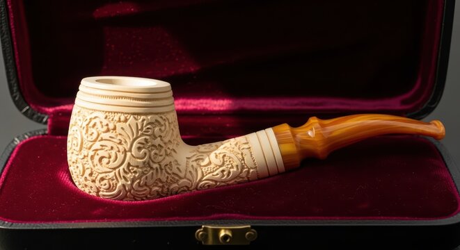 Intricately carved wooden tobacco pipe in velvet-lined case with ornate design and amber stem