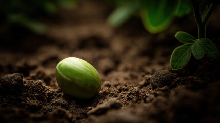 Green lentil emerging from rich soil with soft forest light. Surreal macro food imagery symbolizing nourishment, growth, and earth connection.