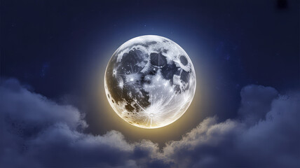 Obraz premium A breathtaking image of a full moon glowing brightly over a deep blue night sky. The moon’s surface details, including subtle craters and textures, are clearly visible, while the rich blue backdrop en