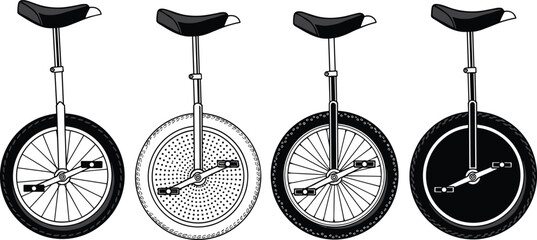 Set of unicycle illustrations in various styles, circus equipment icons, one wheel bicycle silhouettes for entertainment, sports, and balanced outdoor activities. © Faruk Here