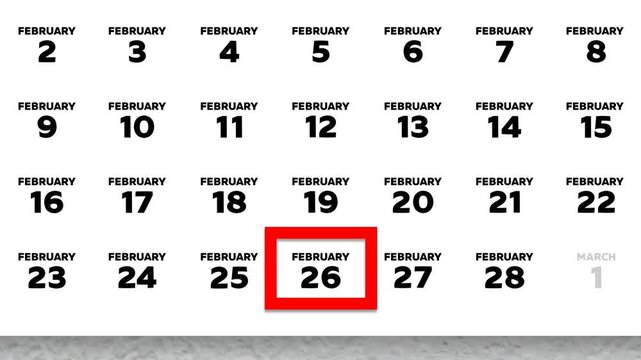 The date February 26th marked with a red cursor on the wall calendar 2026