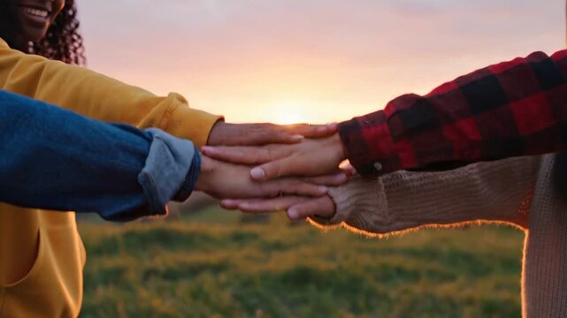 People stacking hands together in solidarity outdoors during sunset