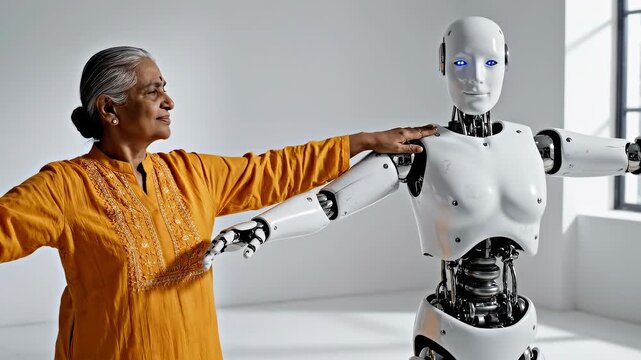 Elderly indian woman and humanoid robot dancing together