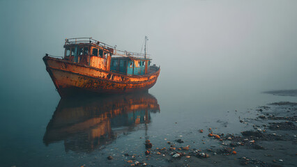 Fototapeta premium Dramatic Rusty Shipwreck Stranded on a Deserted Sandy Beach