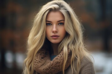 Naklejka premium Blonde woman wearing a warm knitted sweater and scarf outdoors on a winter day