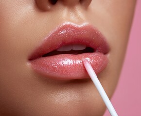 Naklejka premium Woman applying a shimmering pink lip gloss to her full, sensual lips with an applicator against a pink background