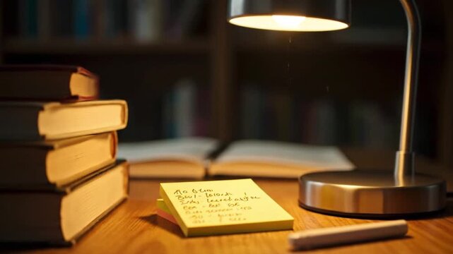 a study desk with books, sticky notes, and a glowing desk lamp