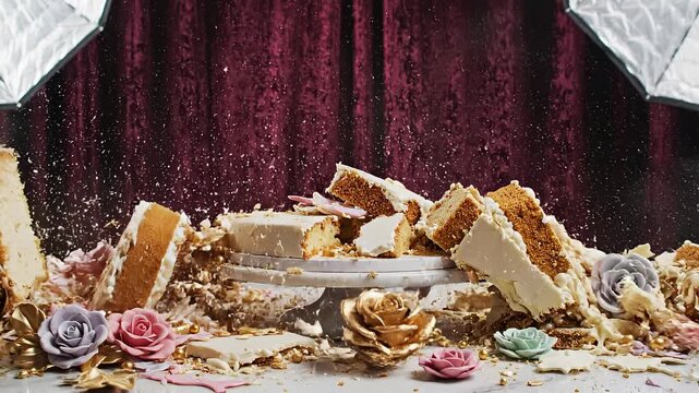 Ornate wedding cake exploding in slow motion