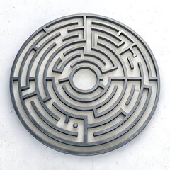 Circular maze labyrinth puzzle game for kids with path to exit and solution concept