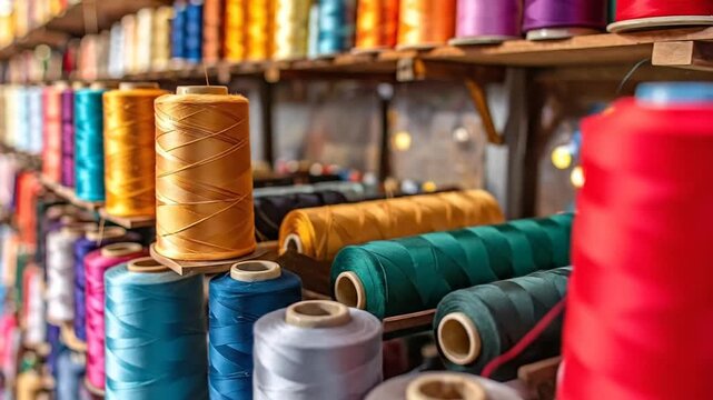 Colorful spools of thread neatly arranged on wooden shelves, creating a vibrant display.