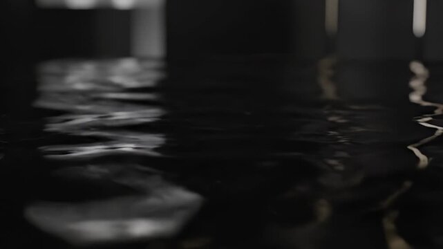 Dark, rippling water surface reflecting indistinct shapes in a mysterious, low-light environment.