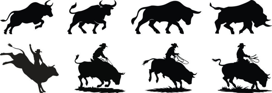 Bull head logo icon set. Bullhead silhouette long horn vector template.Bull and cow silhouette vector collection with running bull and standing cow illustration set isolated design and decoration.