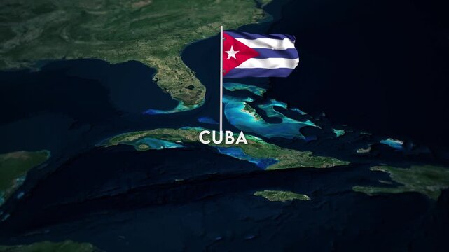 The Flag of Cuba on the World Map, the Cuba flag waving on the 3d map animation 4K