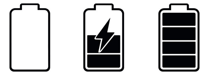 Minimal line art battery icons set featuring empty, charging, and full power levels for electronic device status indicators