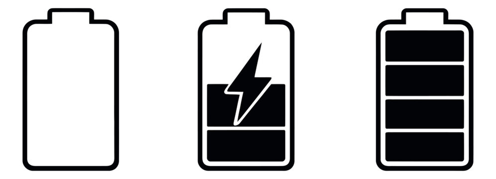 Minimal line art battery icons set featuring empty, charging, and full power levels for electronic device status indicators
