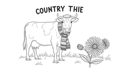 Fototapeta premium Cow with scarf standing in field with flowers isolated on a transparent background