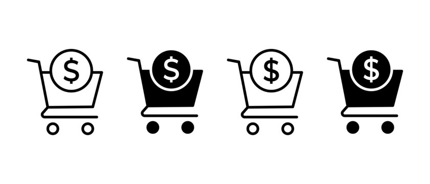 Shopping cart with dollar sign coin icon. E-commerce symbol